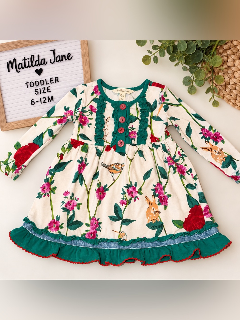 Matilda Jane Floral Bunny Bird Ruffle Dress Girls 6-12 Months